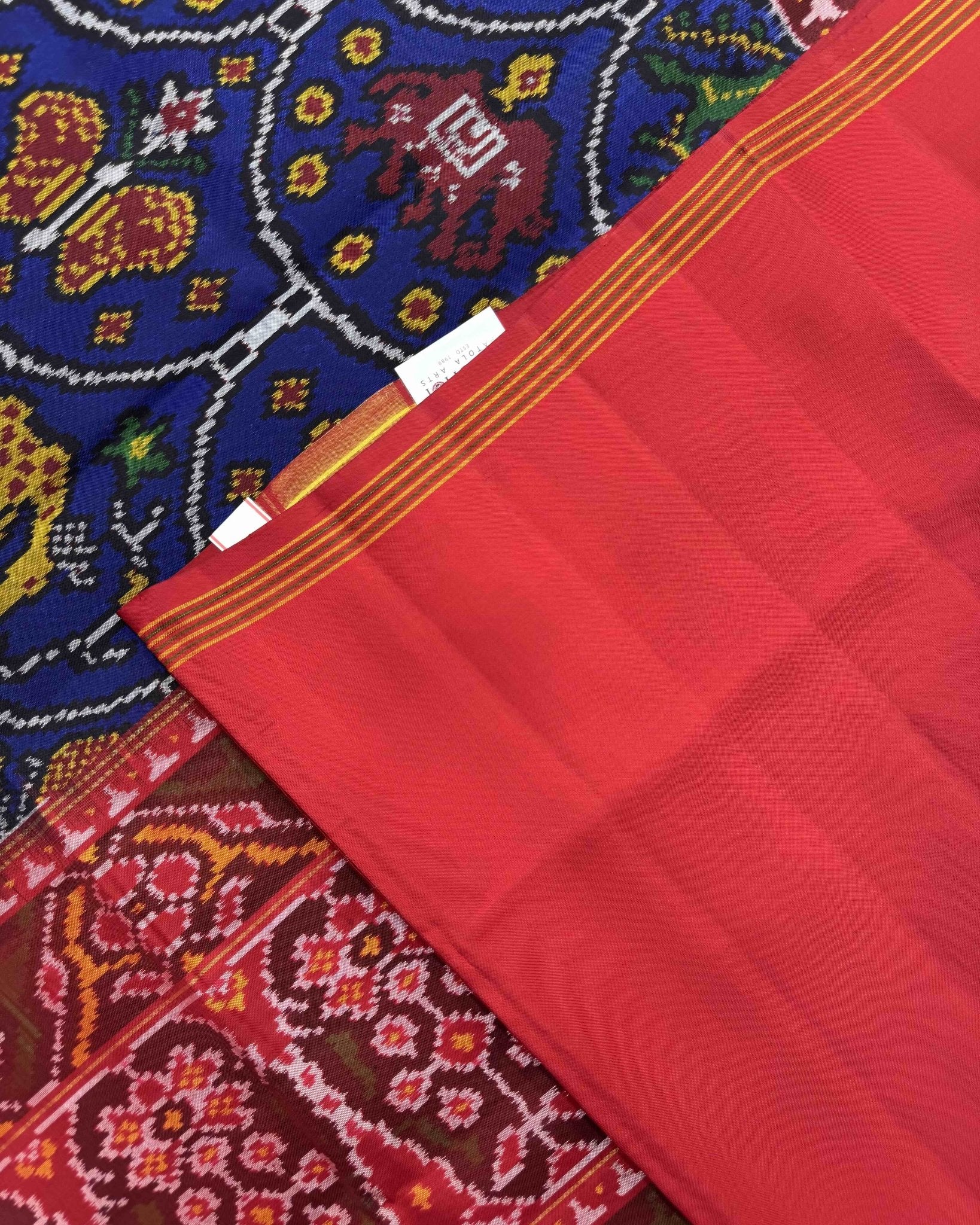 Red & Blue Narikunj Semi Double Ikat Patola Saree - SindhoiPatolaArt