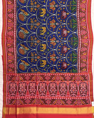 Red & Blue Narikunj Semi Double Ikat Patola Saree - SindhoiPatolaArt