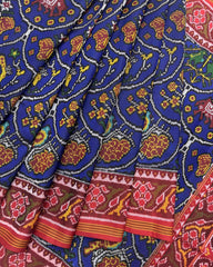 Red & Blue Narikunj Semi Double Ikat Patola Saree - SindhoiPatolaArt