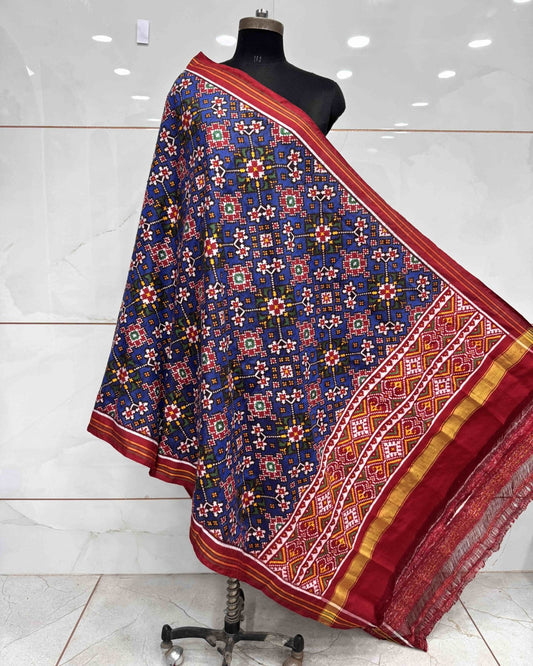 Red & Blue Navratan Double Ikat Patola Dupatta - SindhoiPatolaArt