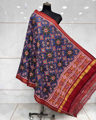 Red & Blue Navratan Double Ikat Patola Dupatta - SindhoiPatolaArt