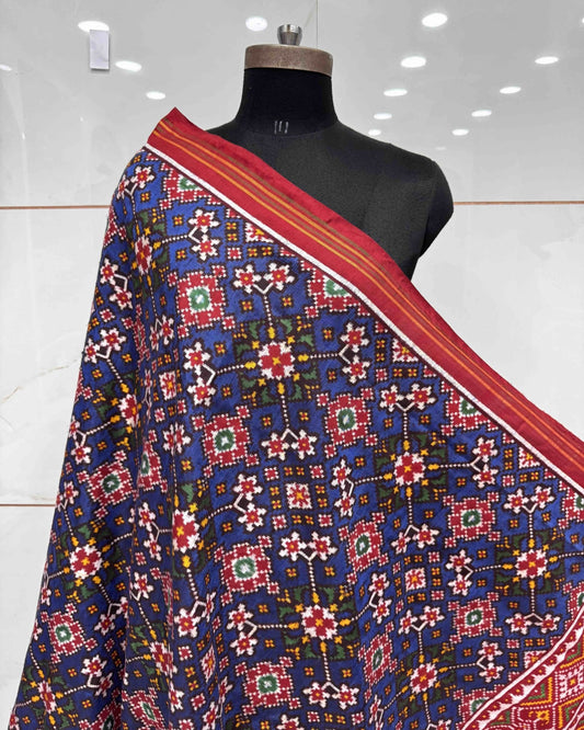 Red & Blue Navratan Double Ikat Patola Dupatta - SindhoiPatolaArt
