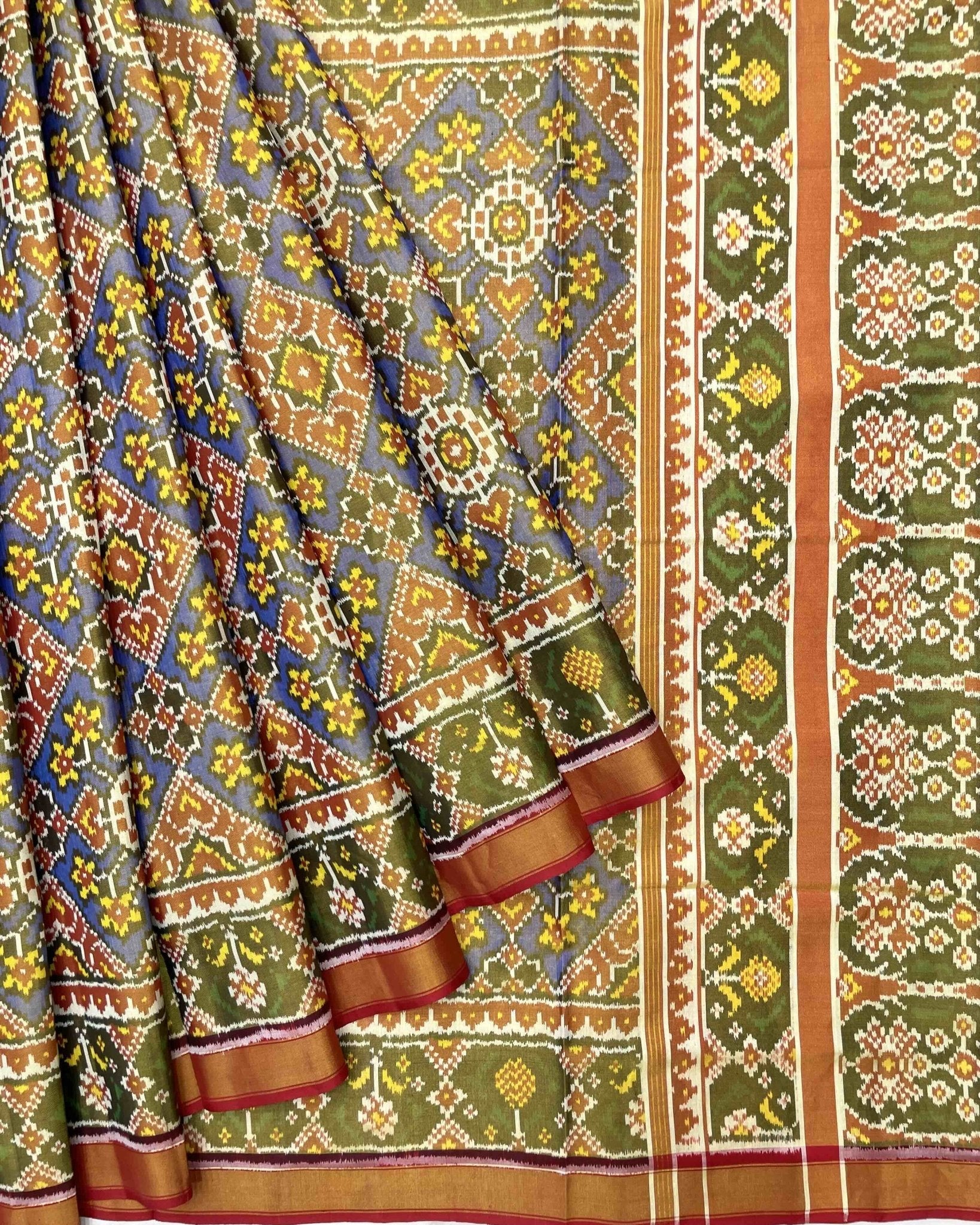 Red & Blue Navratan Mix Tissue Patola Saree - SindhoiPatolaArt