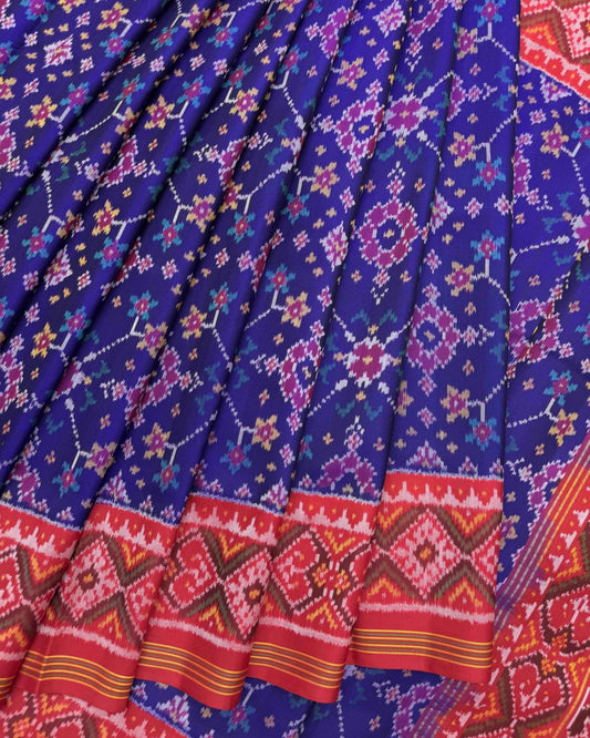 Red & Blue Navratan Semi Double Ikat Patola Saree - SindhoiPatolaArt
