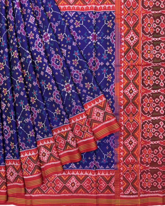 Red & Blue Navratan Semi Double Ikat Patola Saree - SindhoiPatolaArt