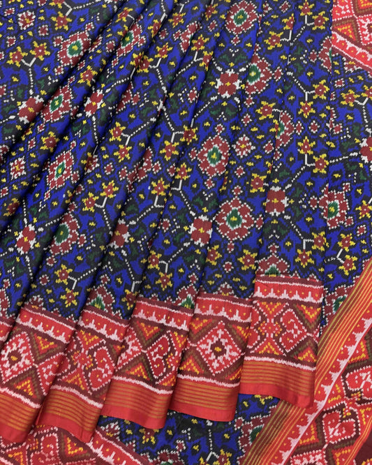 Red & Blue Navratan Semi Double Ikat Patola Saree - SindhoiPatolaArt