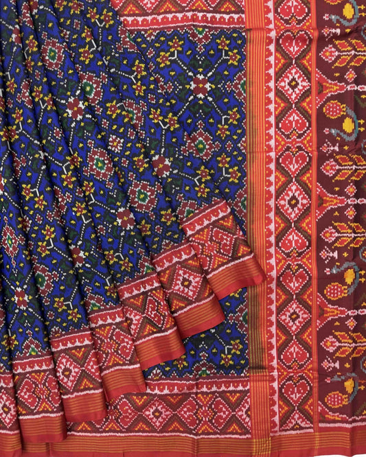 Red & Blue Navratan Semi Double Ikat Patola Saree - SindhoiPatolaArt