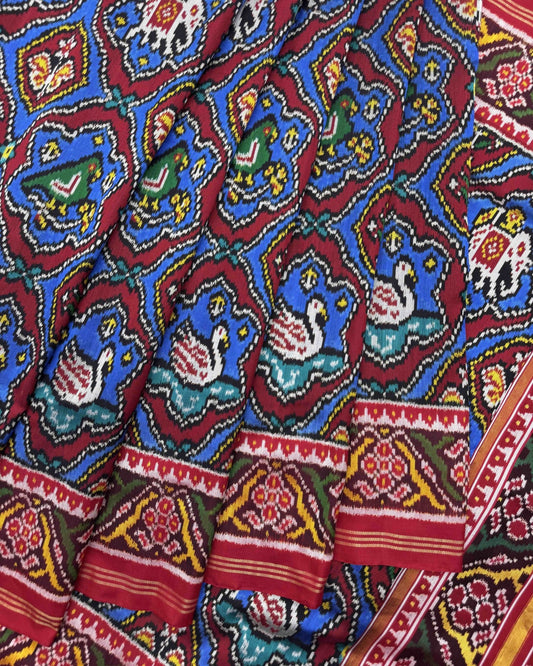 Red & Blue New Narikunj Twill Patola Saree - SindhoiPatolaArt