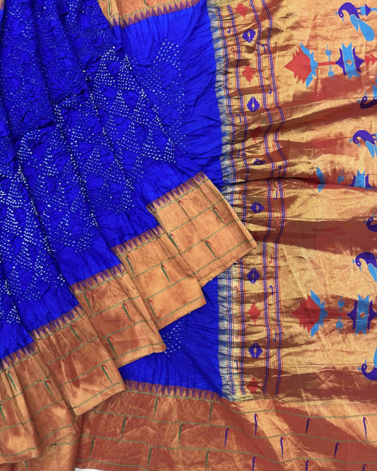 Red & Blue Paithani Bandhani Saree - SindhoiPatolaArt