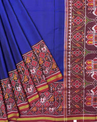 Red & Blue Plain with Narikunj Scut Border Semi Double Ikat Patola Saree - SindhoiPatolaArt