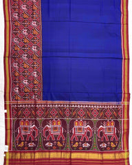 Red & Blue Plain with Narikunj Scut Border Semi Double Ikat Patola Saree - SindhoiPatolaArt