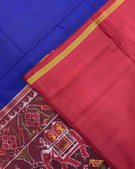 Red & Blue Plain with Narikunj Scut Border Semi Double Ikat Patola Saree - SindhoiPatolaArt