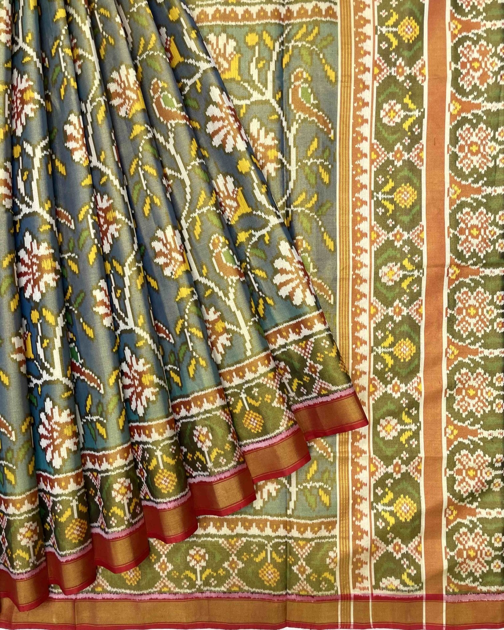 Red & Bluish Grey Fancy Flower Tossue Patola Saree - SindhoiPatolaArt