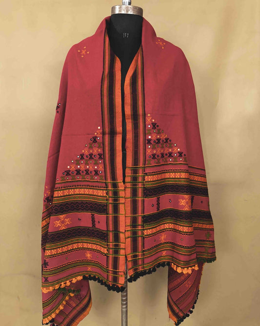 Red Butta Mirror & Corner Mirror Kutchi Woolen Shawl - SindhoiPatolaArt