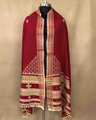 Red Butta Mirror & Corner Mirror Kutchi Woolen Shawl - SindhoiPatolaArt
