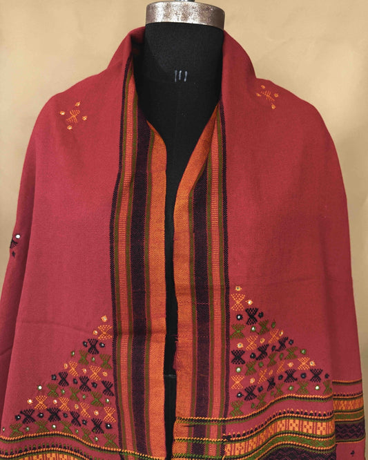 Red Butta Mirror & Corner Mirror Kutchi Woolen Shawl - SindhoiPatolaArt