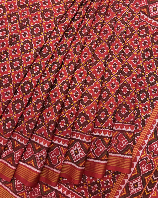 Red Buttonful Semi Double Ikat Patola Saree - SindhoiPatolaArt