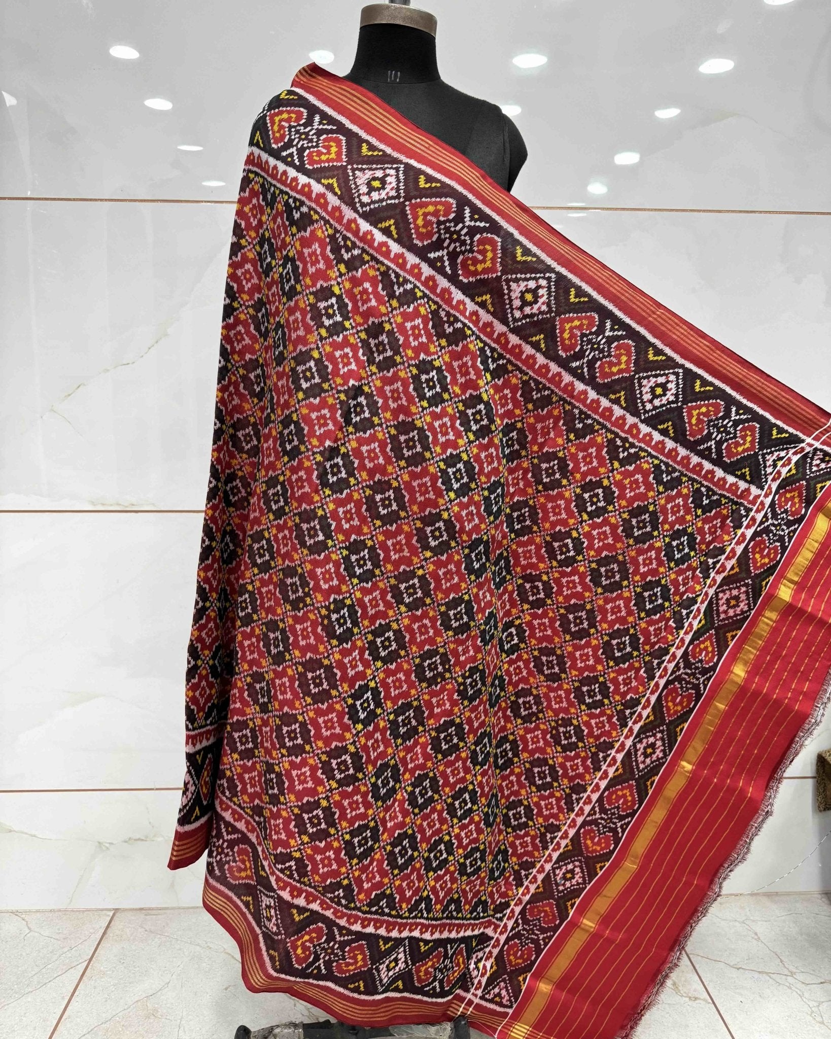 Red Buttonful Twill Patola Dupatta - SindhoiPatolaArt