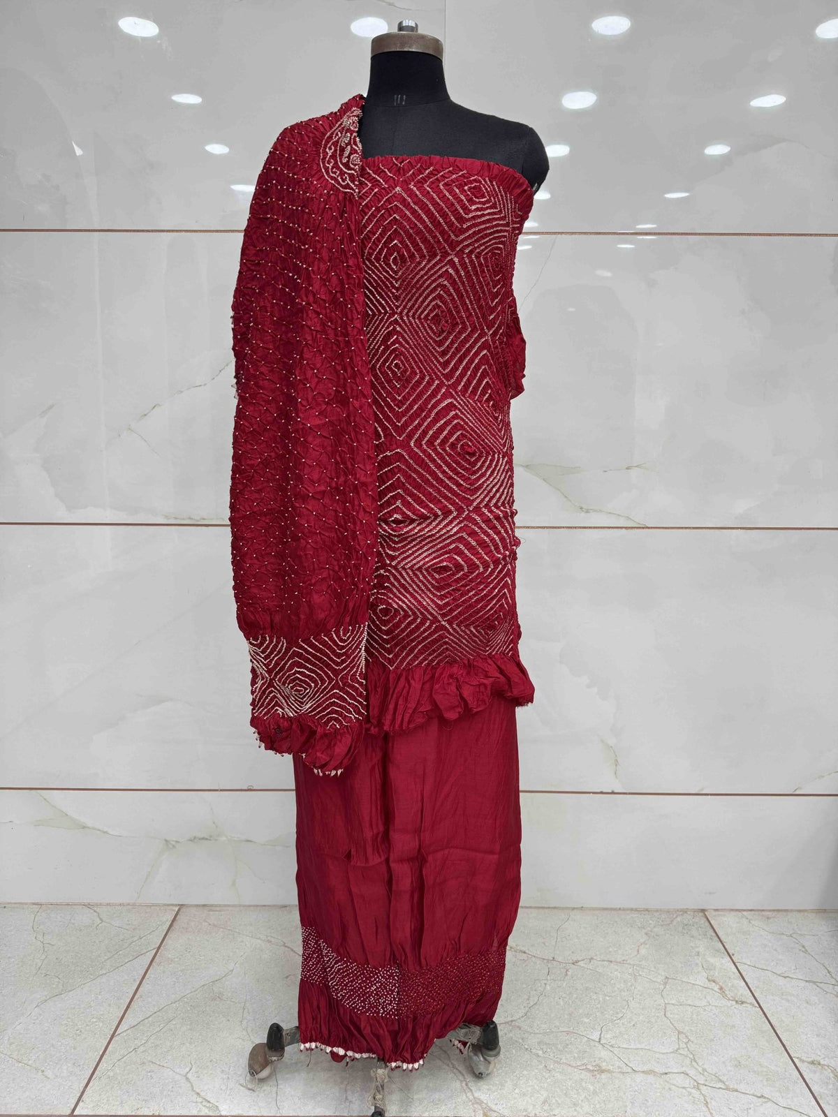 Red Chiniya Silk Bandhani Dress Material - SindhoiPatolaArt