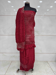 Red Chiniya Silk Bandhani Dress Material - SindhoiPatolaArt