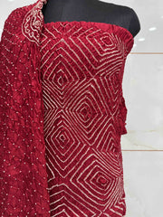Red Chiniya Silk Bandhani Dress Material - SindhoiPatolaArt