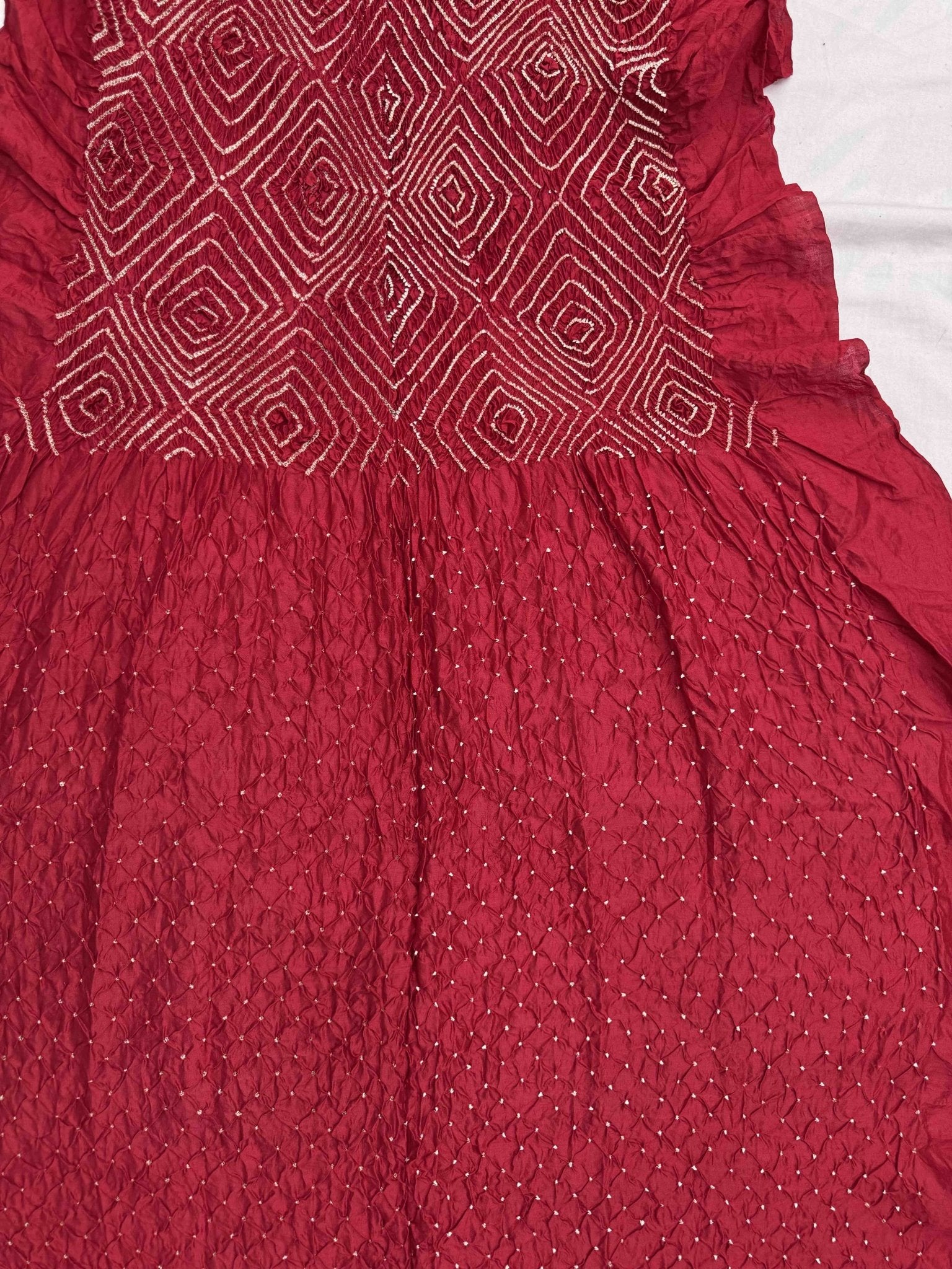 Red Chiniya Silk Bandhani Dress Material - SindhoiPatolaArt