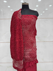 Red Chiniya Silk Bandhani Dress Material - SindhoiPatolaArt