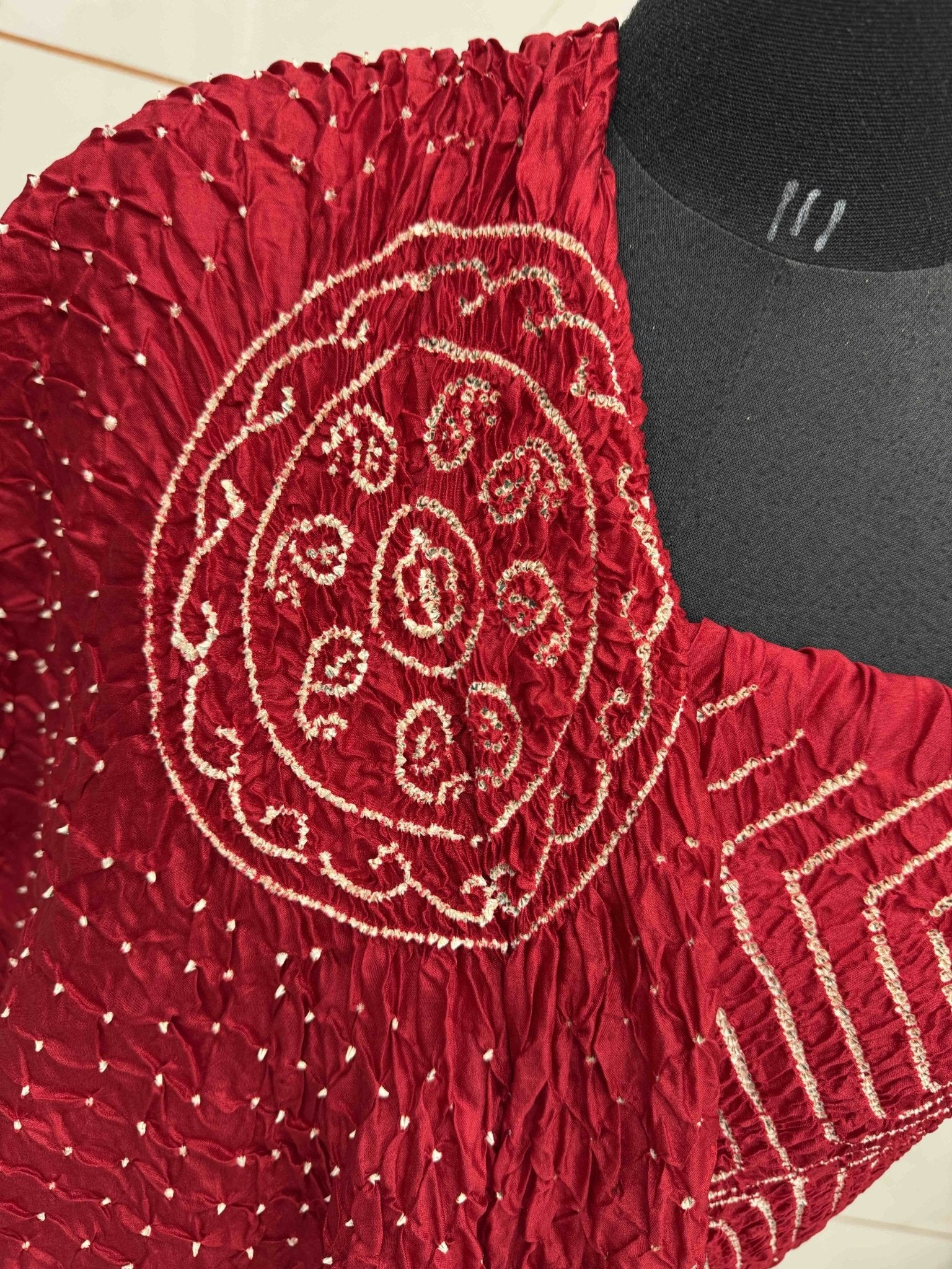 Red Chiniya Silk Bandhani Dress Material - SindhoiPatolaArt