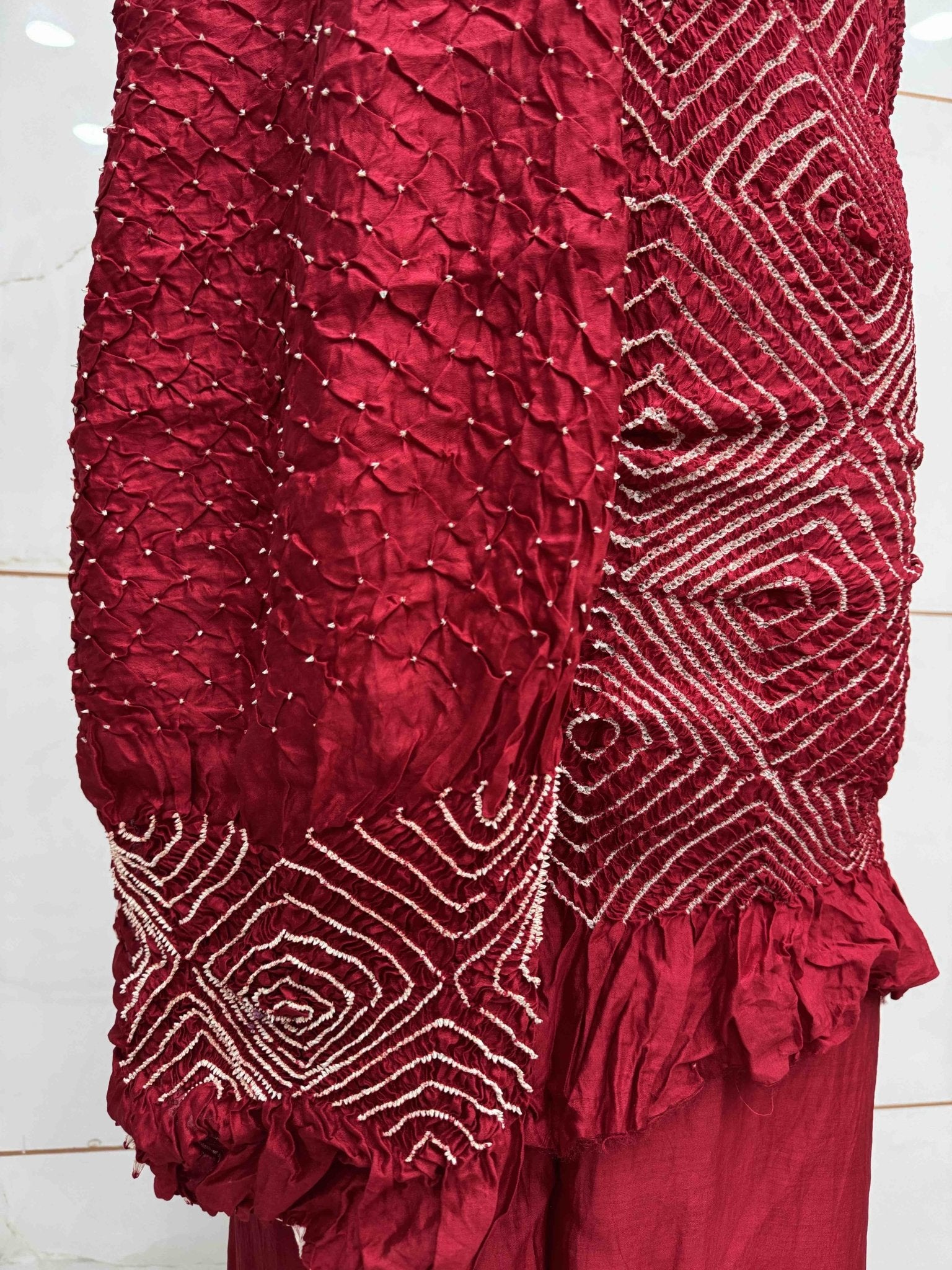 Red Chiniya Silk Bandhani Dress Material - SindhoiPatolaArt