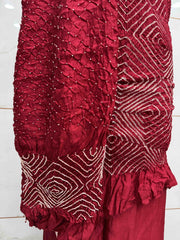 Red Chiniya Silk Bandhani Dress Material - SindhoiPatolaArt