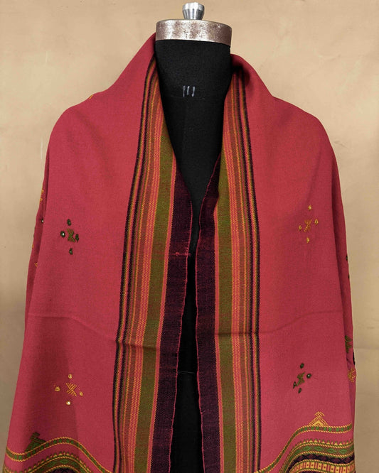 Red Chomukh Mirror Kutchi Woolen Shawl - SindhoiPatolaArt