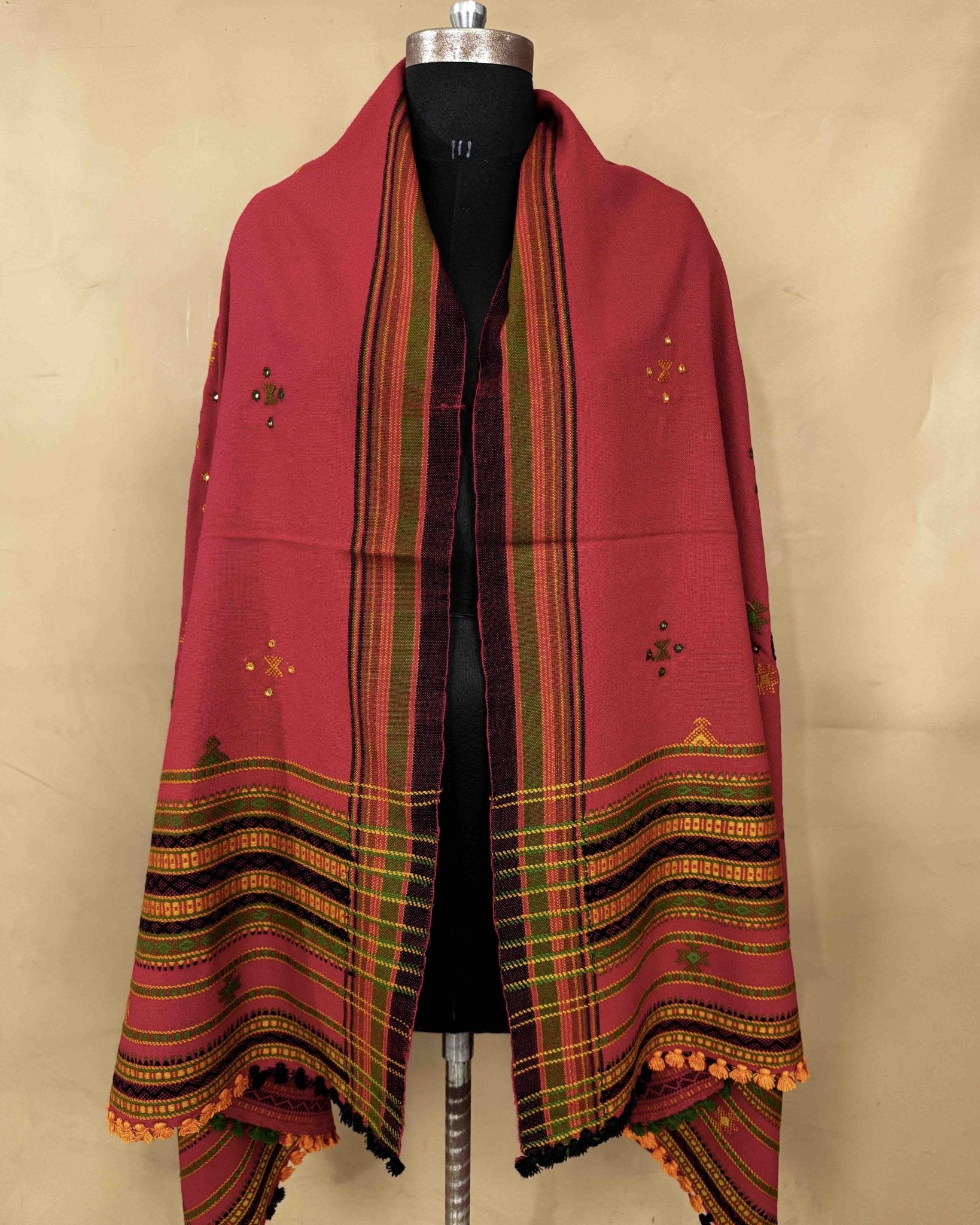 Red Chomukh Mirror Kutchi Woolen Shawl - SindhoiPatolaArt