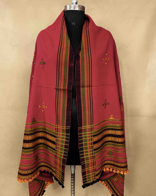 Red Chomukh Mirror Kutchi Woolen Shawl - SindhoiPatolaArt