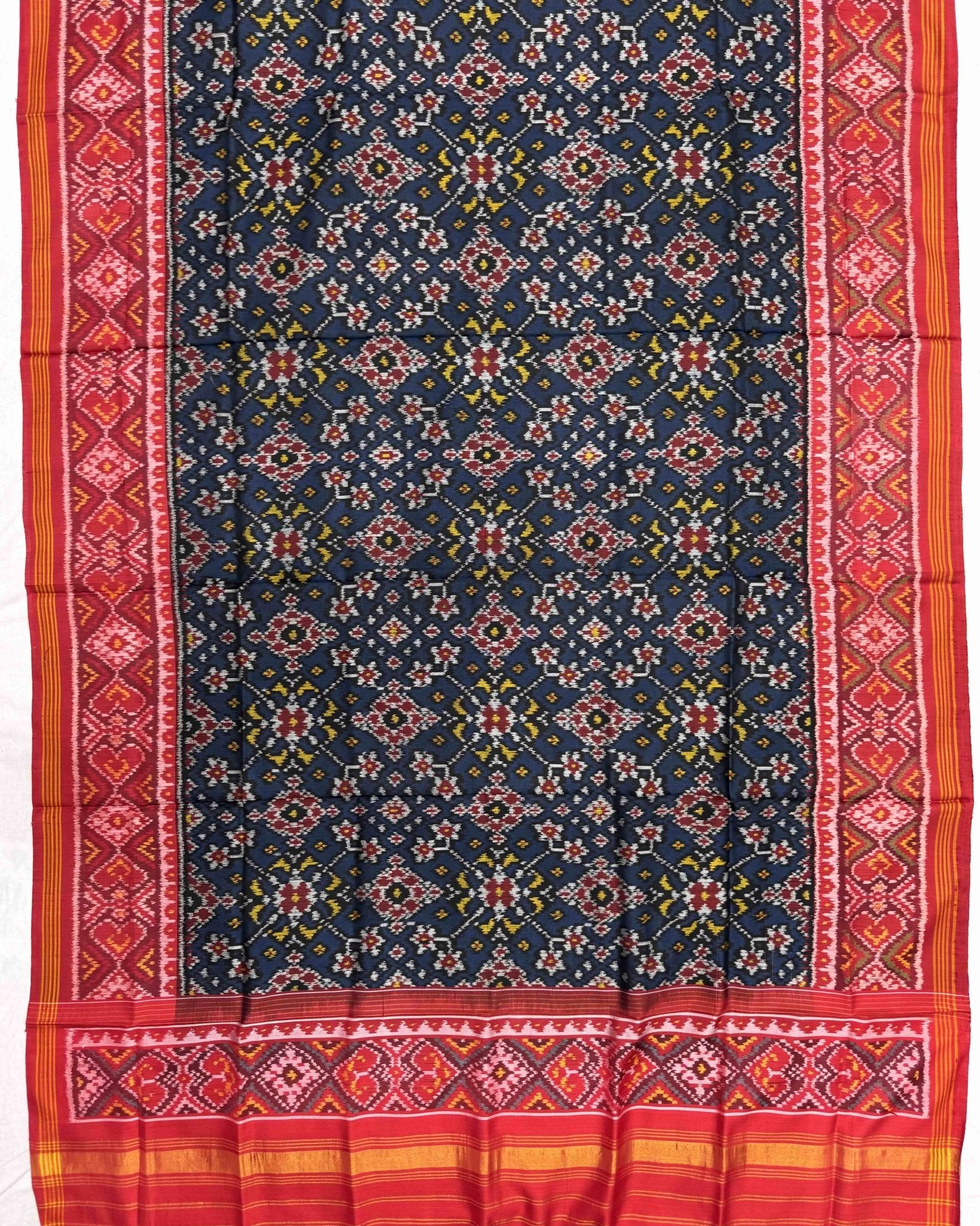 Red & Dark Blue Navratan Semi Double Ikat Patola Dupatta - SindhoiPatolaArt