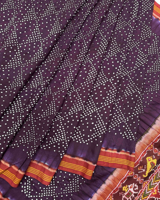 Red & Dark Wine Semi Double Ikat Bandhani Patola Saree - SindhoiPatolaArt