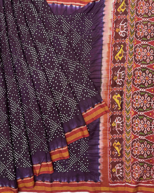 Red & Dark Wine Semi Double Ikat Bandhani Patola Saree - SindhoiPatolaArt