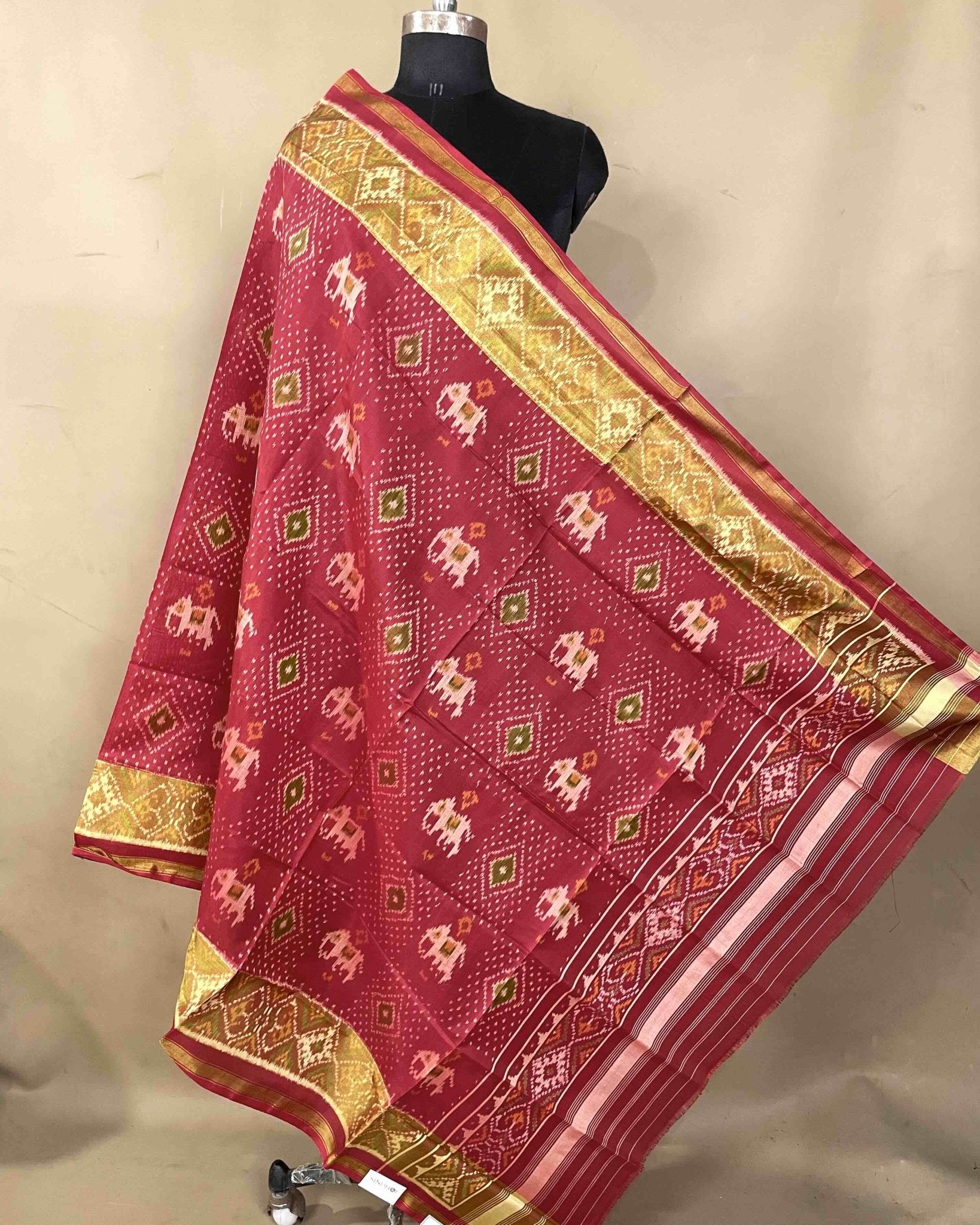 Red Elephant Doted Patola Dupatta - SindhoiPatolaArt