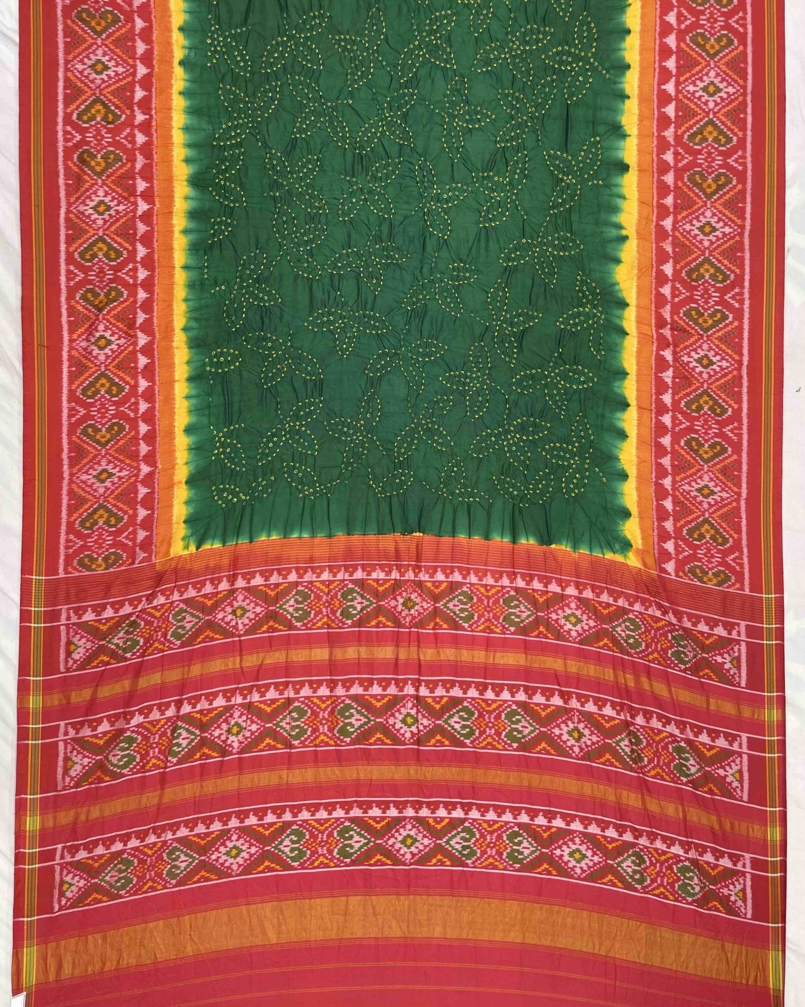 Red & Green Bandhani Patola Saree - SindhoiPatolaArt