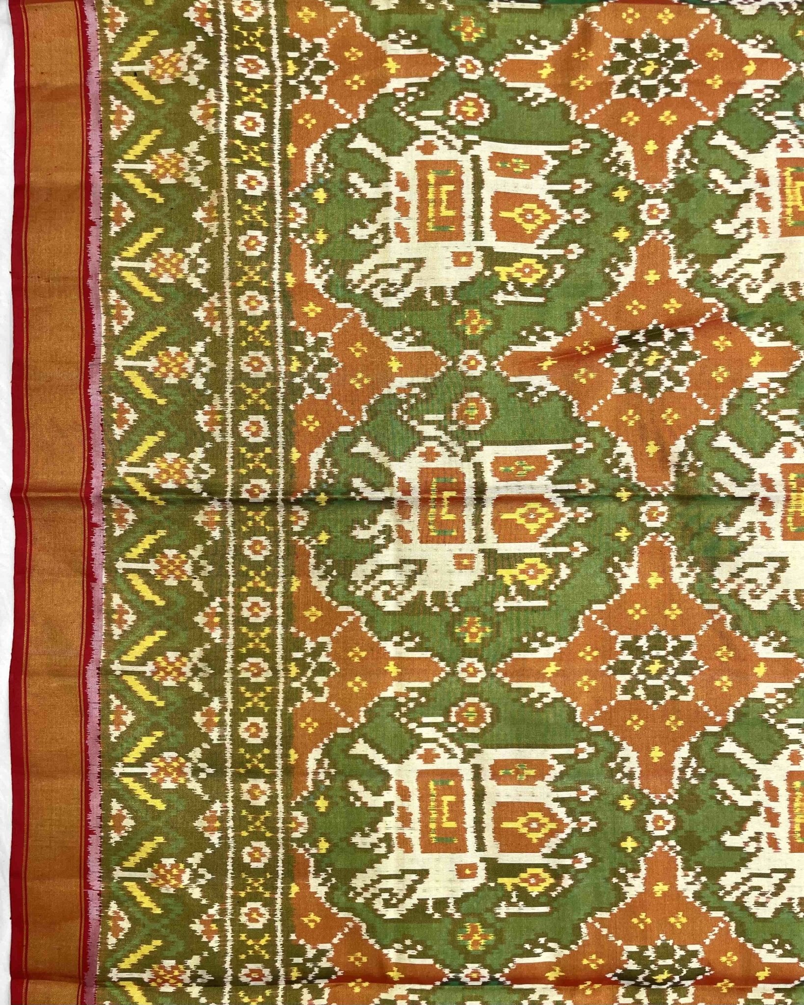 Red & Green Big Figure Elephant Chhabdi Tissue Patola Saree - SindhoiPatolaArt