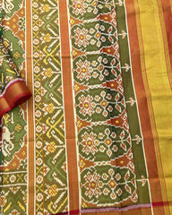 Red & Green Big Figure Elephant Chhabdi Tissue Patola Saree - SindhoiPatolaArt