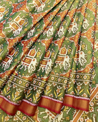 Red & Green Big Figure Elephant Chhabdi Tissue Patola Saree - SindhoiPatolaArt
