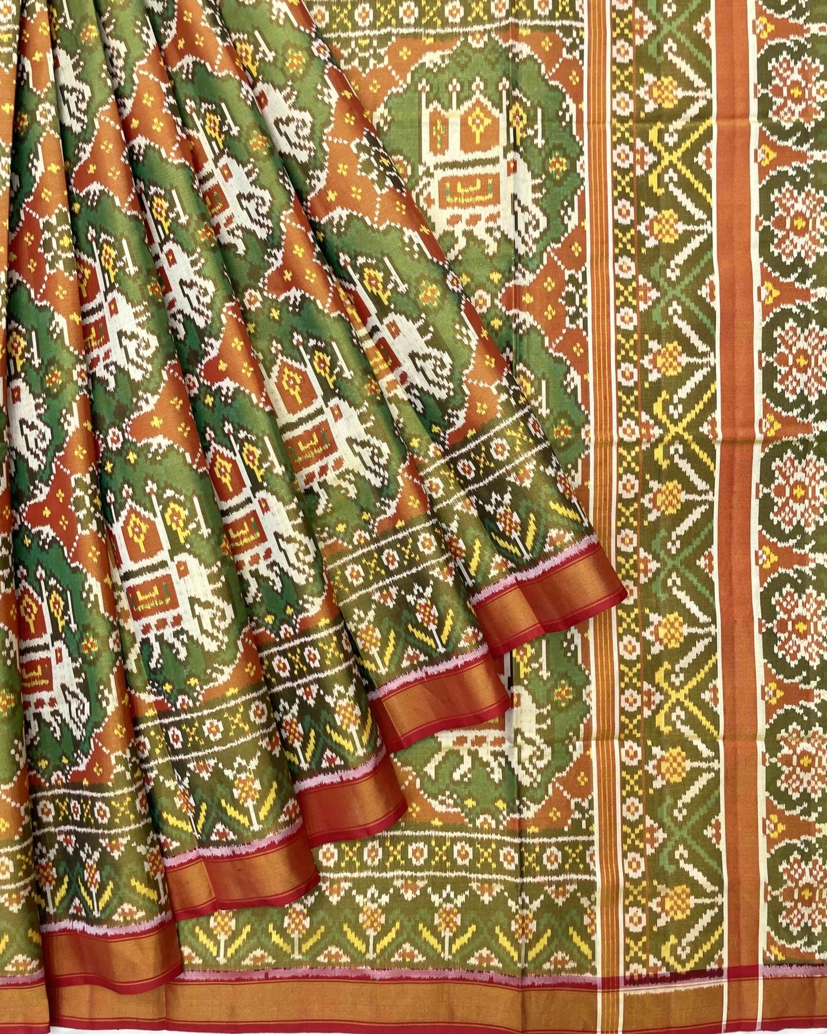 Red & Green Big Figure Elephant Chhabdi Tissue Patola Saree - SindhoiPatolaArt