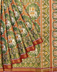 Red & Green Big Figure Elephant Chhabdi Tissue Patola Saree - SindhoiPatolaArt