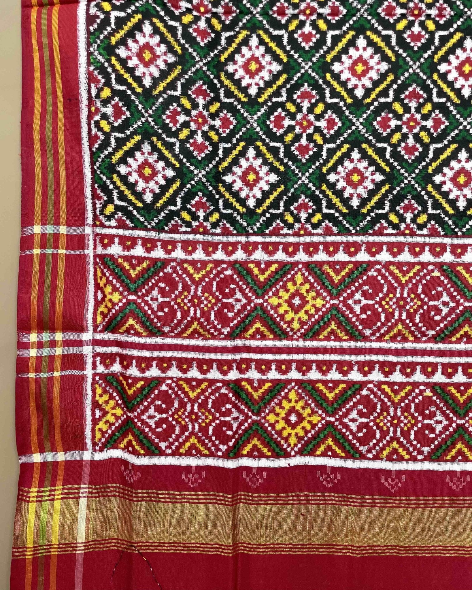 Red & Green Buttonful Designer Patola Dupatta - SindhoiPatolaArt