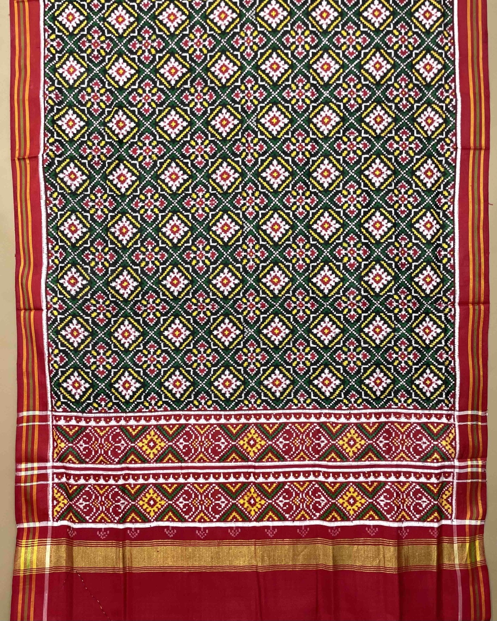Red & Green Buttonful Designer Patola Dupatta - SindhoiPatolaArt