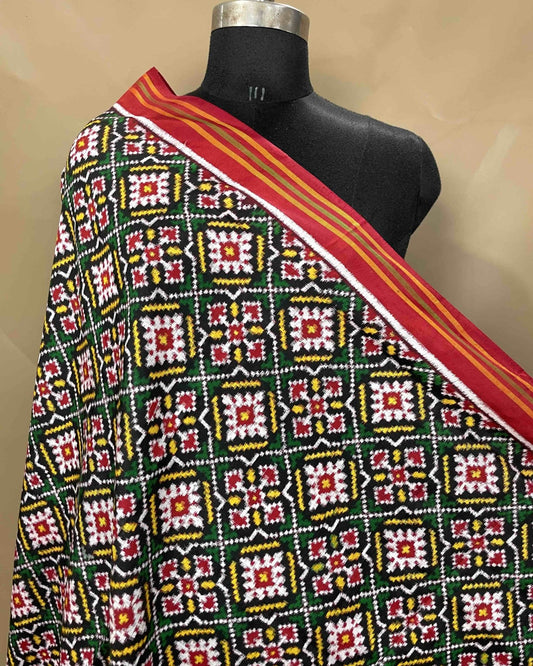 Red & Green Buttonful Designer Patola Dupatta - SindhoiPatolaArt