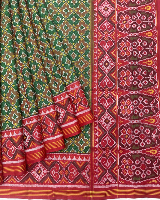 Red & Green Buttonful Designer Patola Saree - SindhoiPatolaArt