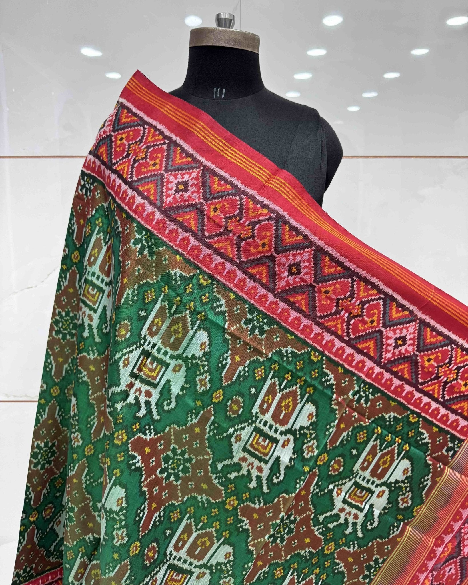 Red & Green Elephant Chhabdi Semi Double Ikat Patola Saree - SindhoiPatolaArt