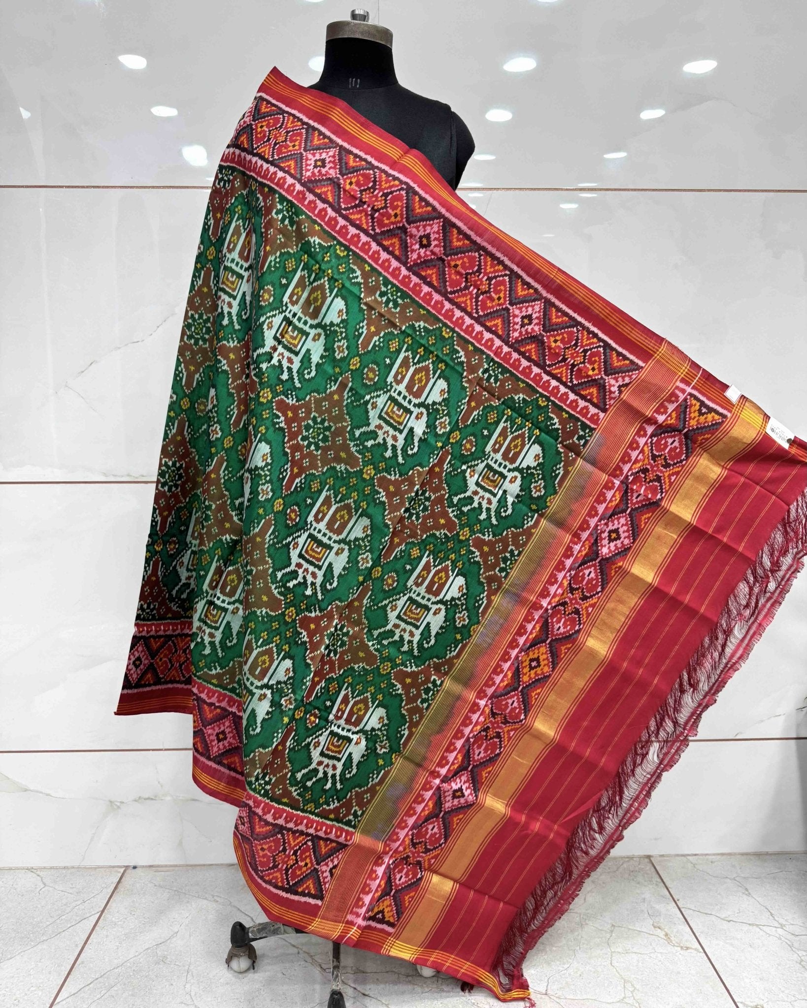 Red & Green Elephant Chhabdi Semi Double Ikat Patola Saree - SindhoiPatolaArt