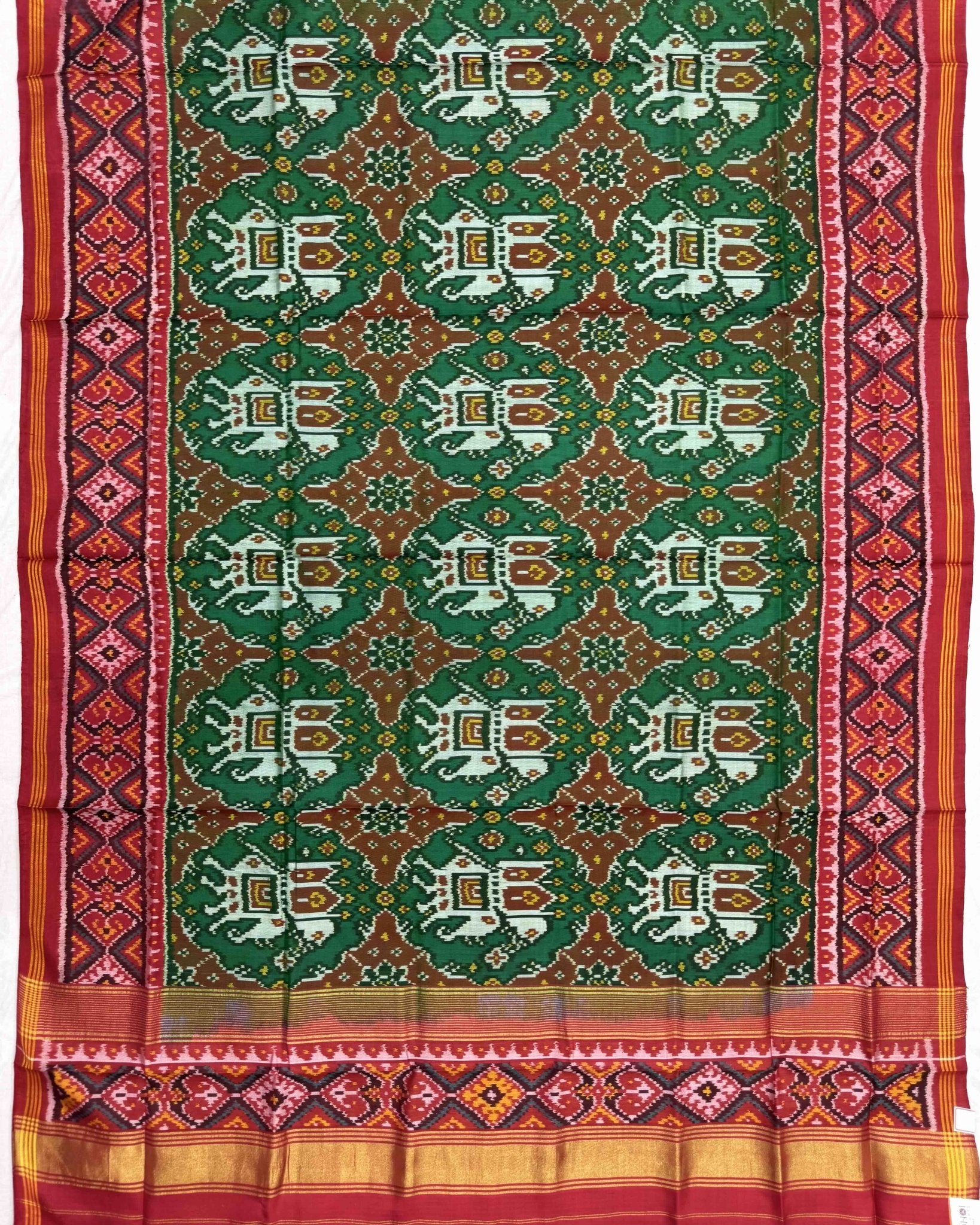 Red & Green Elephant Chhabdi Semi Double Ikat Patola Saree - SindhoiPatolaArt